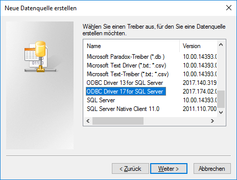 Auswahl des ODBC-Treibers